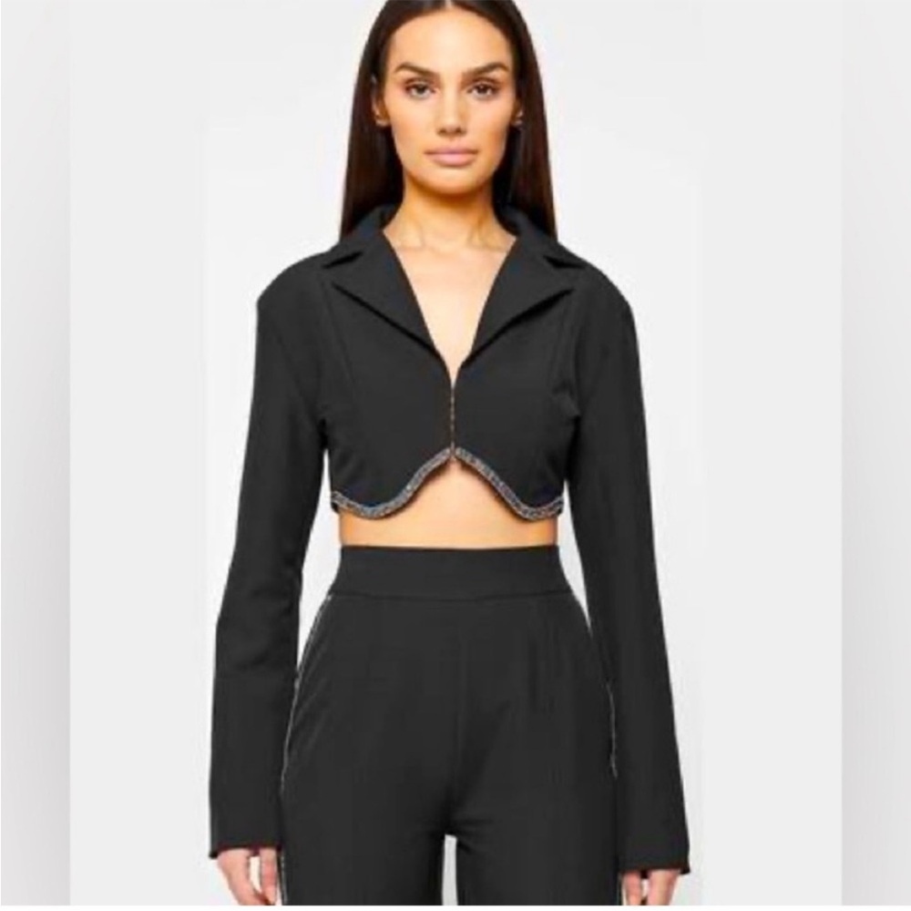 MANIÉRE DE VOIR Cropped Beaded Fitted Blazer in Black Size US 4 NWOT